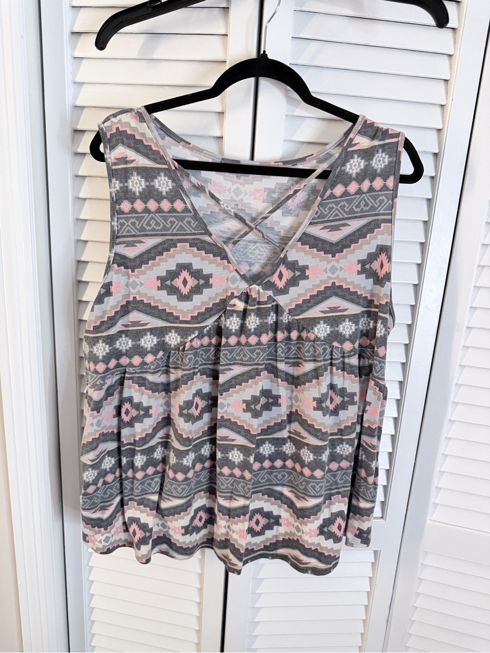 Zenana Outfitters Gray and Pink Aztec Crisscross Tank